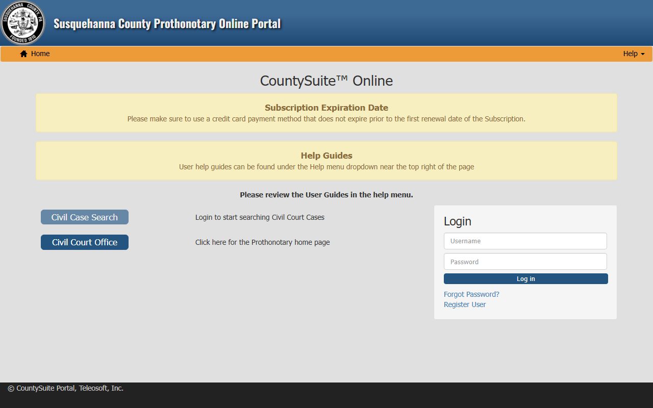 Susquehanna County Prothonotary civil records CountySuite portal