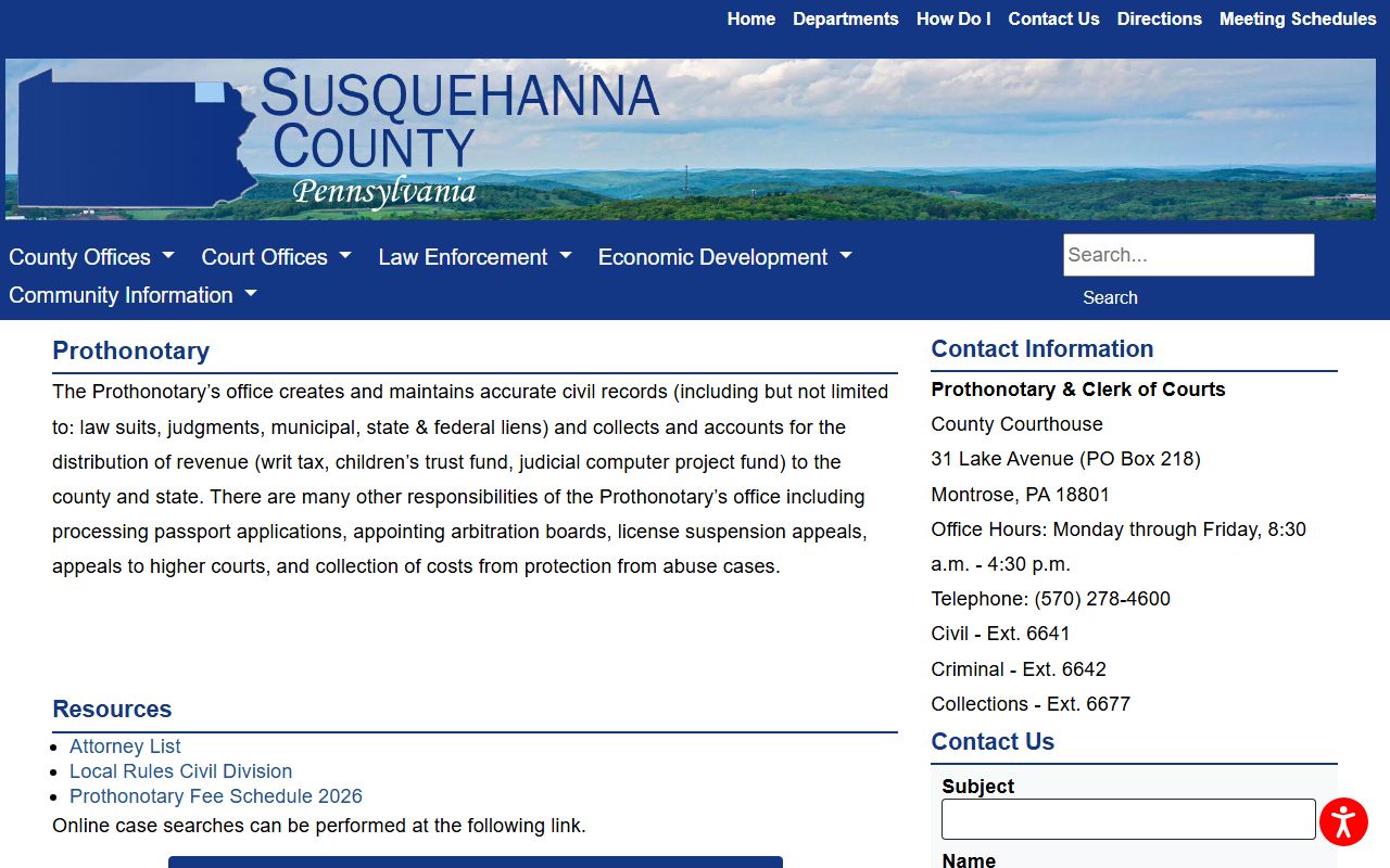 Susquehanna County Prothonotary civil record page