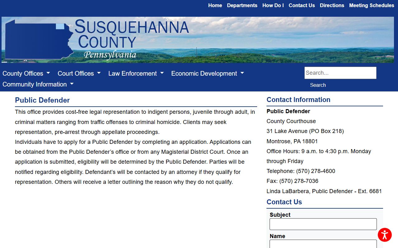 Susquehanna County arrest records public defender and court charge assistance