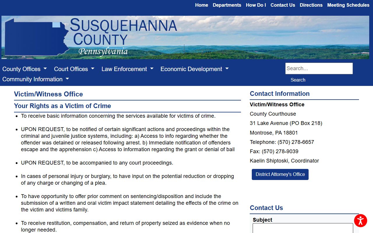 Susquehanna County arrest records victim witness charge status source