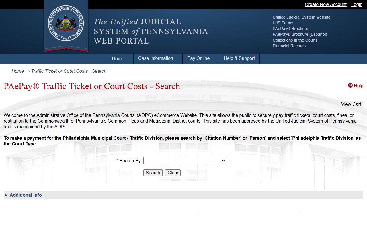 Susquehanna County court dockets PAePay traffic ticket and court cost search