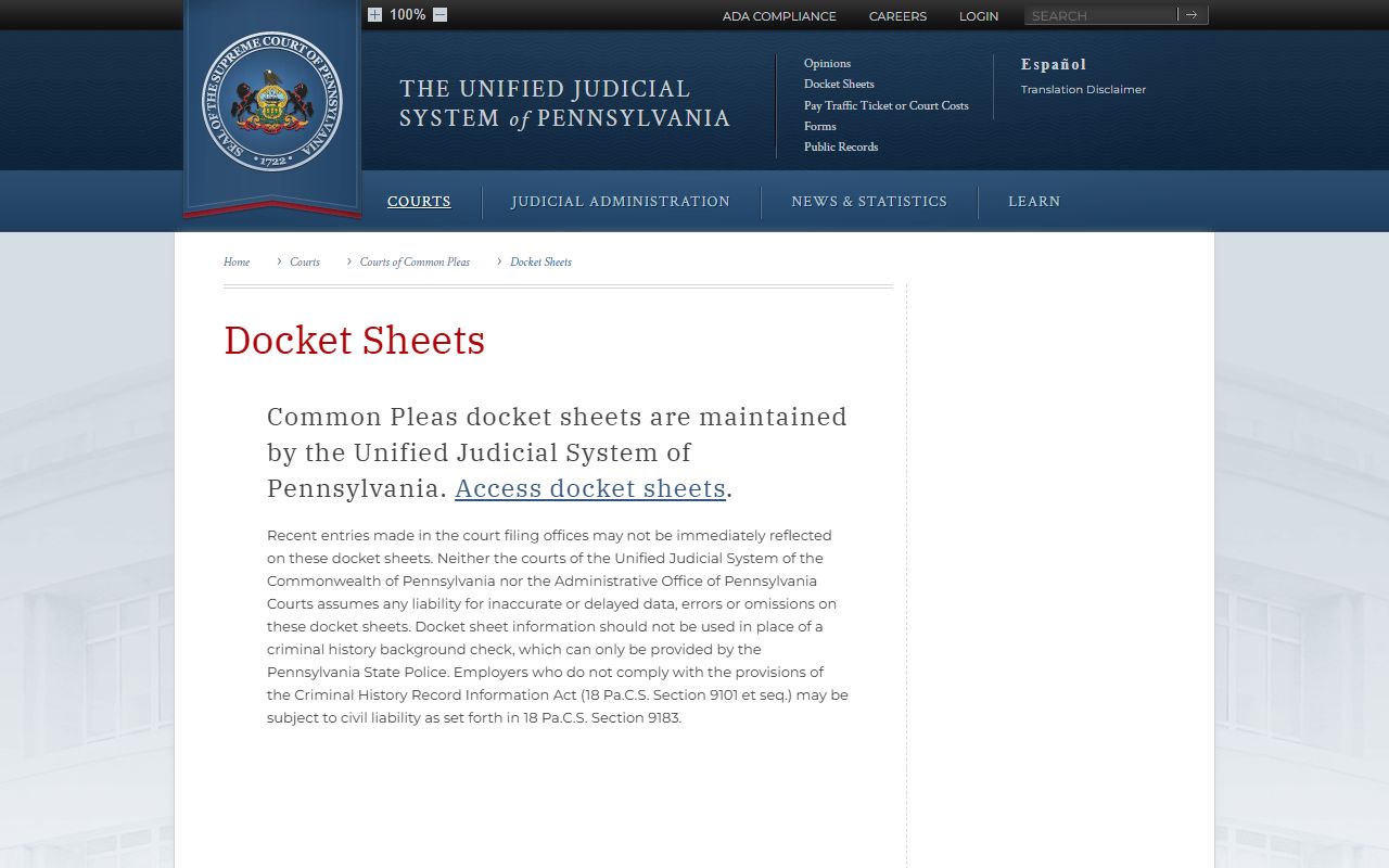 Susquehanna County court records UJS docket sheets page