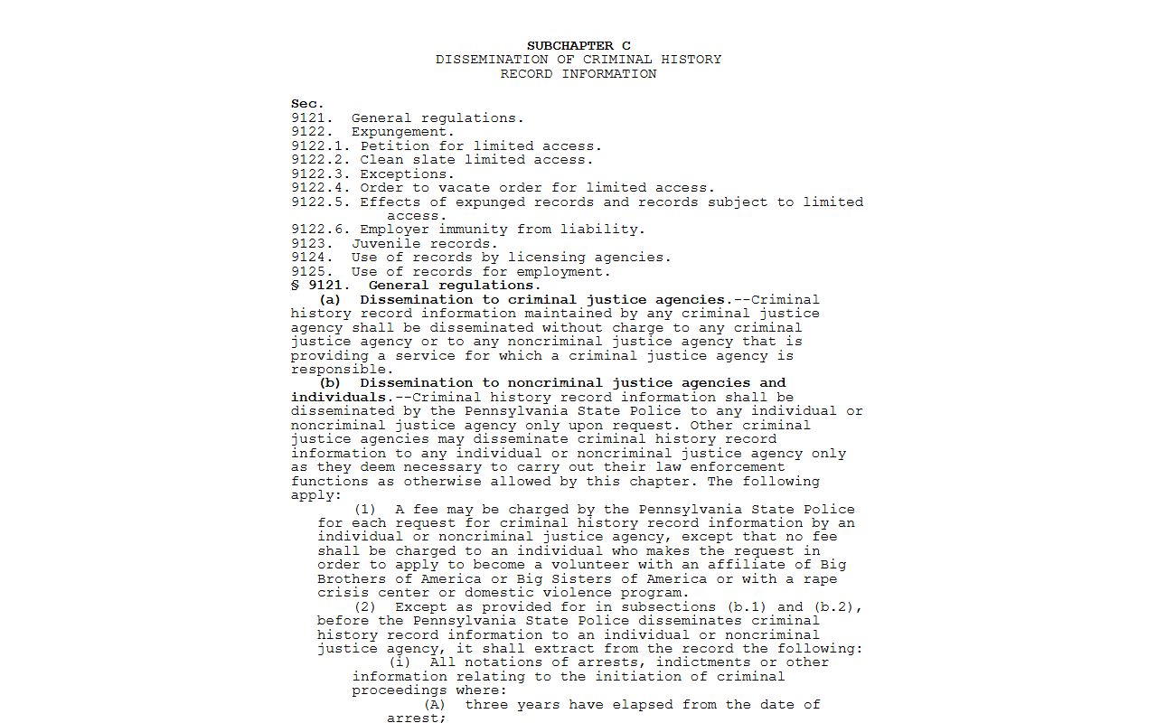 Susquehanna County criminal court records 18 Pa.C.S. Section 9121 criminal history law