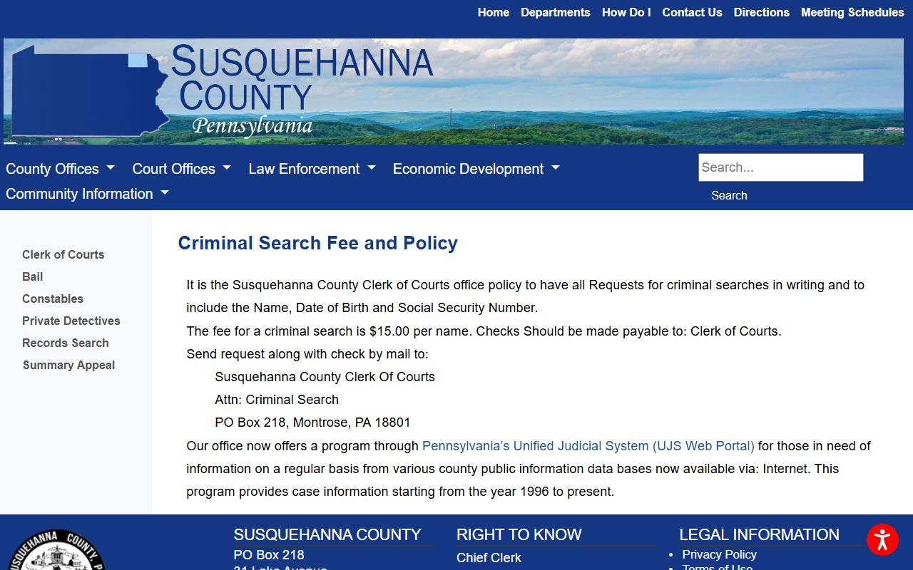 Susquehanna County criminal court records county criminal search policy