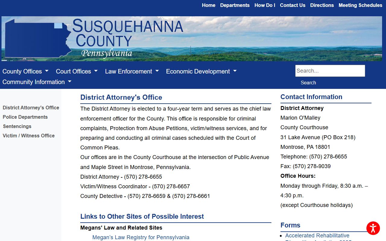 Susquehanna County criminal court records District Attorney page