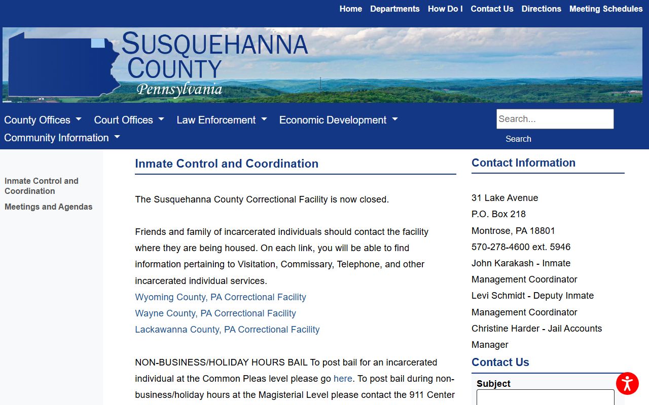 Susquehanna County inmate records Inmate Control and Coordination contact