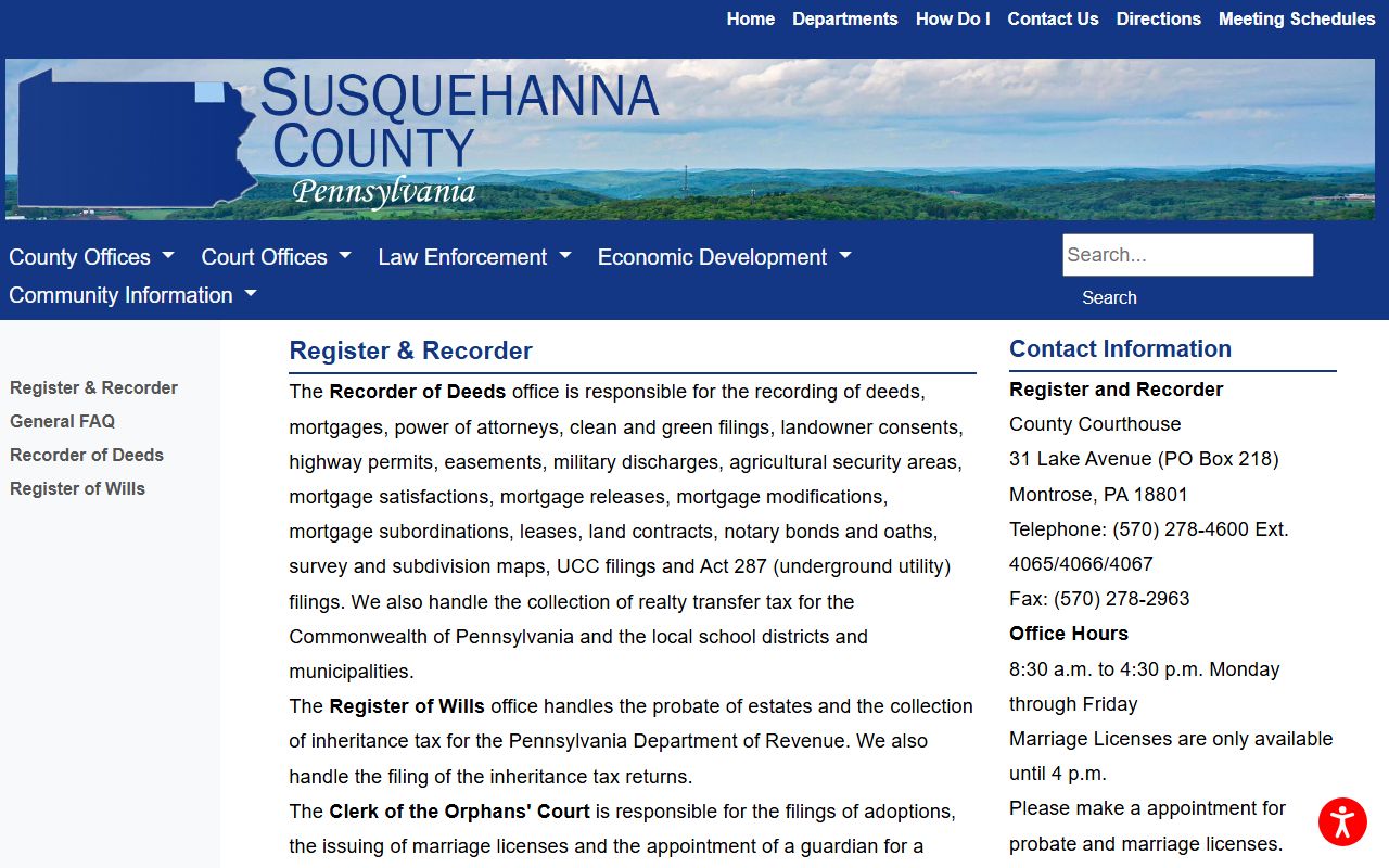Susquehanna County marriage and divorce records Register and Recorder page