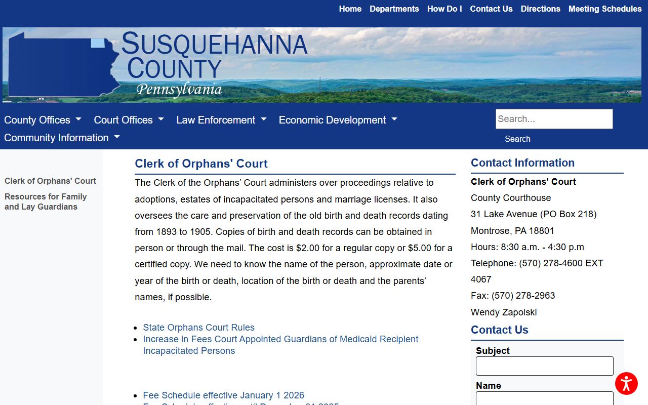 Susquehanna County probate records Clerk of Orphans' Court page