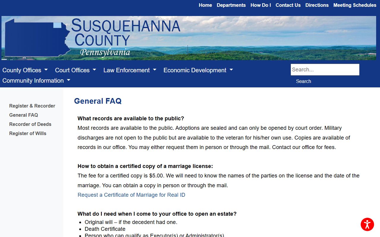 Susquehanna County probate records Register and Recorder FAQ