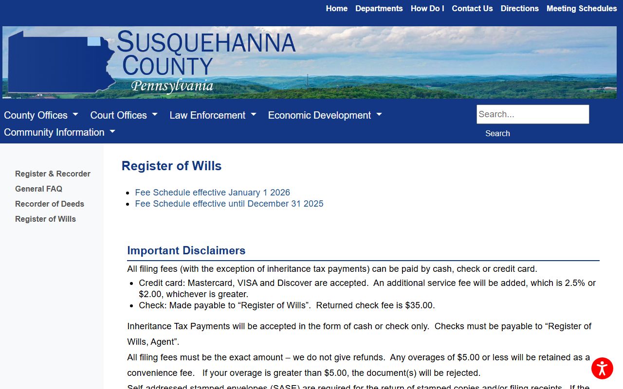 Susquehanna County probate records Register of Wills page