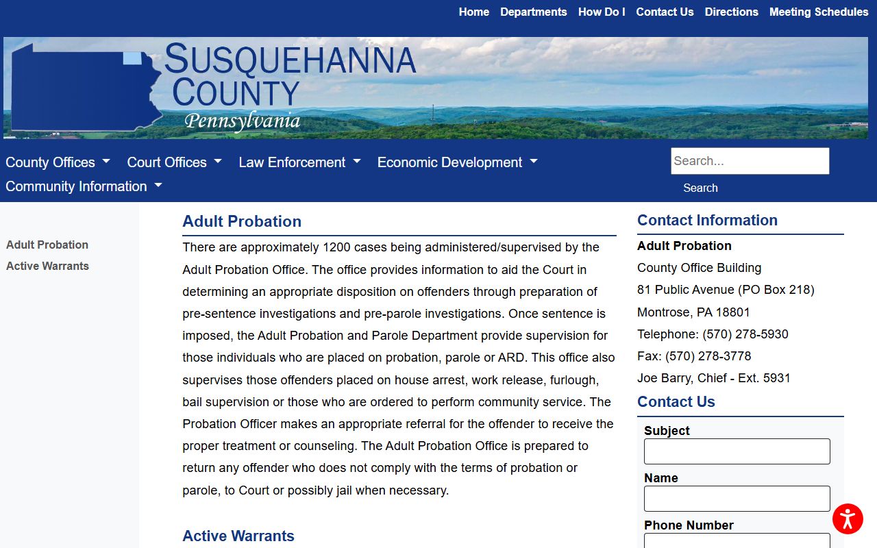 Susquehanna County warrant records Adult Probation active warrant contact